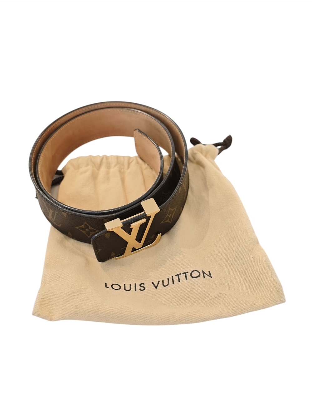 Louis Vuitton Brown Monogram Leather Belt with Gold LV Buckle